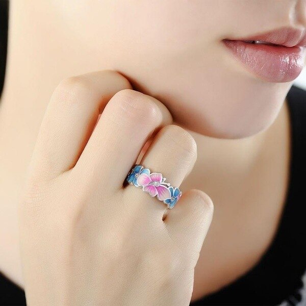 Pink Blue Enamel Butterfly 925 Silver Ring