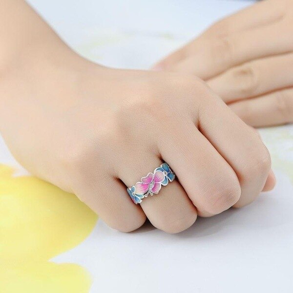 Pink Blue Enamel Butterfly 925 Silver Ring