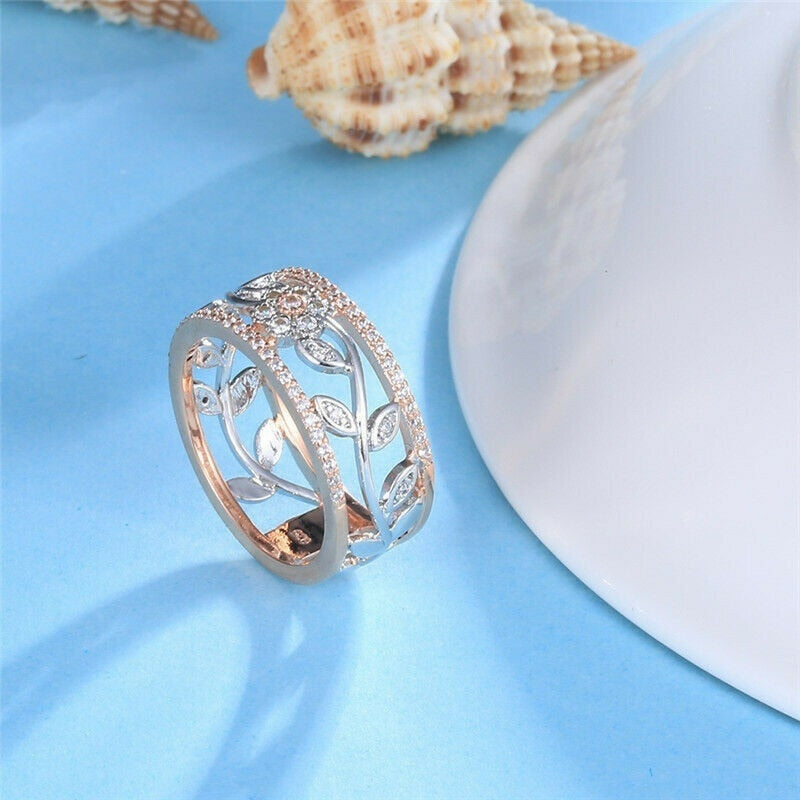 Duotone Silver Gold Zircon Flower Ring