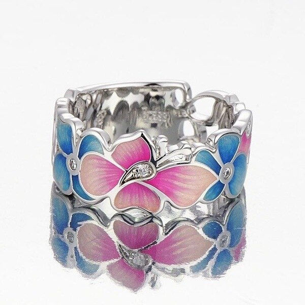 Pink Blue Enamel Butterfly 925 Silver Ring