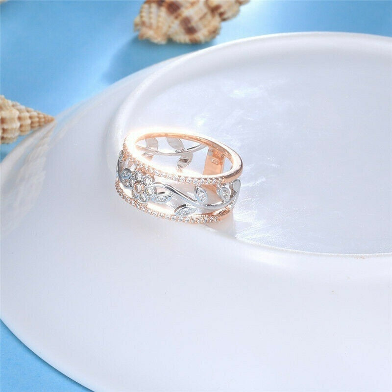 Duotone Silver Gold Zircon Flower Ring