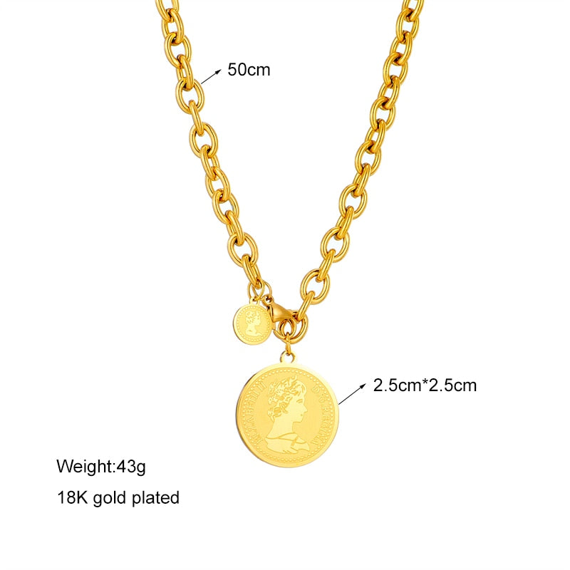 Stainless Steel Gold Color Round Portrait Coin Necklace