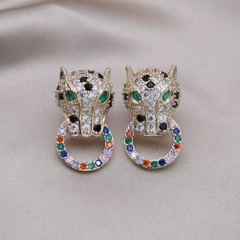 Copper Set Zircon Colorful Animal Leopard Earrings