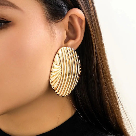 Exaggerated Big Heavy Metal Stripe Stud Earrings