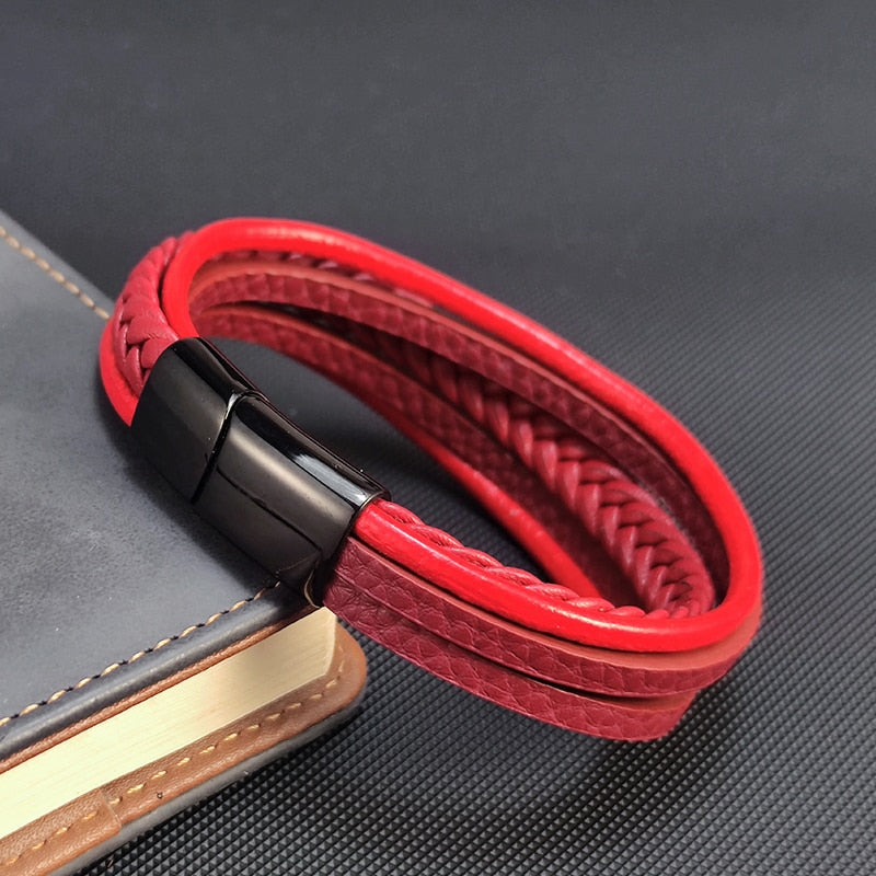 Red Braided Leather Men Bracelet