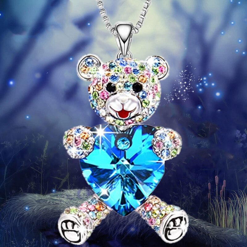 blue Heart Crystal Zircon Bear Necklace