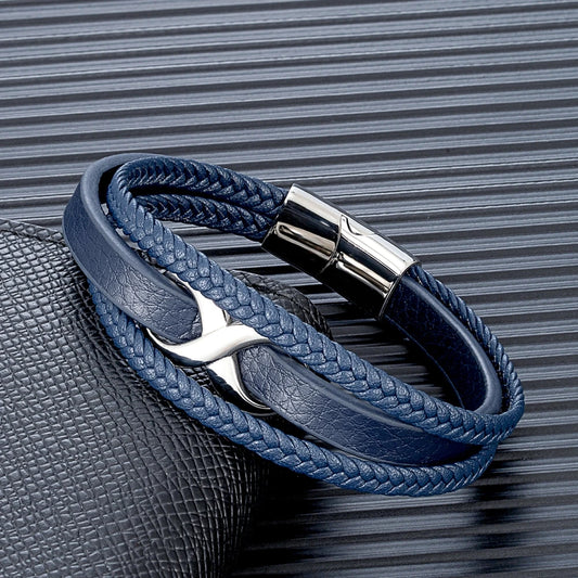 Multilayer Blue Braided Leather Bracelets