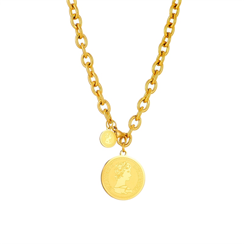 Stainless Steel Gold Color Round Portrait Coin Necklace