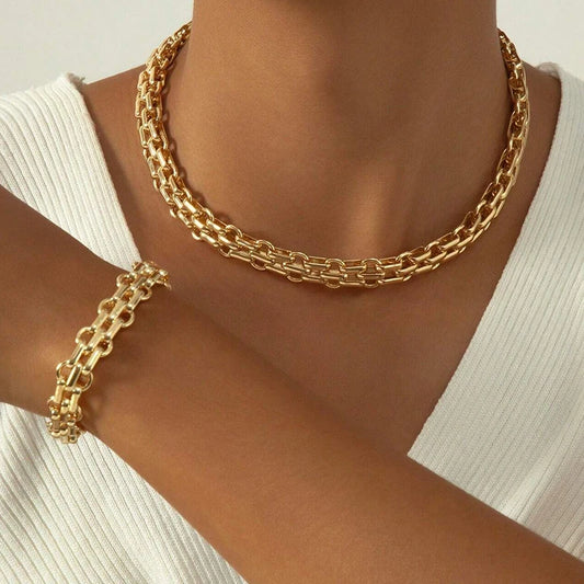 2 PCS Set Gold Color Necklace Bracelet Set