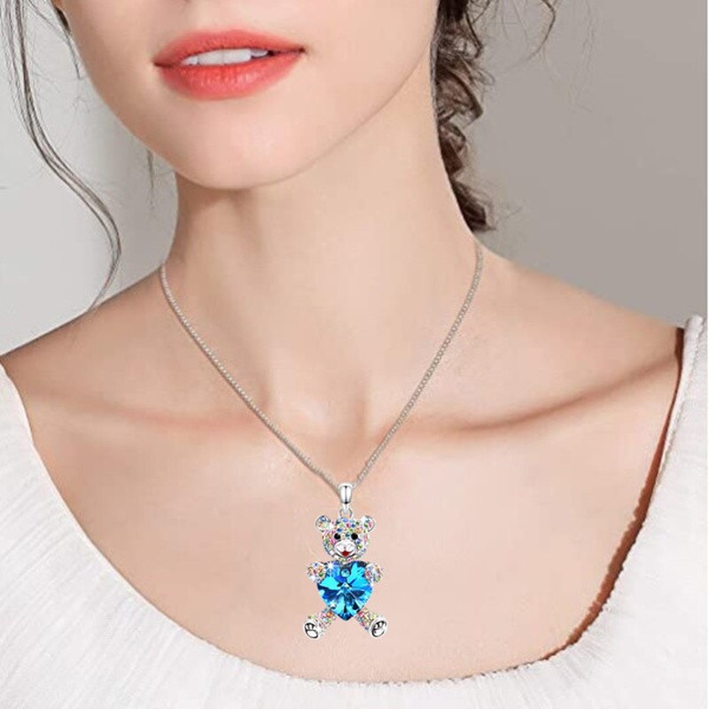 blue Heart Crystal Zircon Bear Necklace