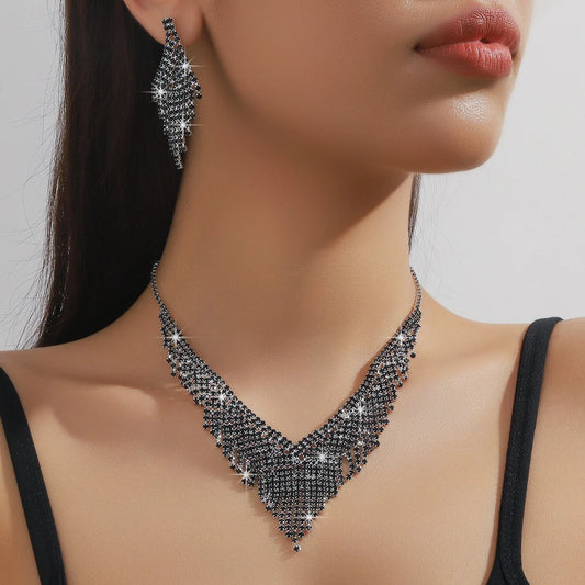 2pcs Black Rhinestone Jewelry Set