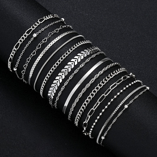 15 Pcs/Set Silver Color Metal Bracelet Set