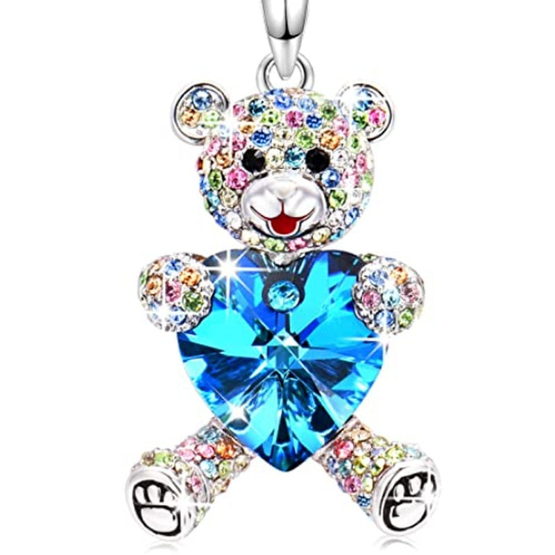 blue Heart Crystal Zircon Bear Necklace