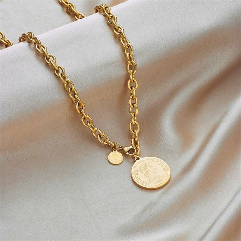 Stainless Steel Gold Color Round Portrait Coin Necklace