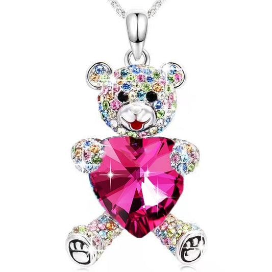 pink Heart Crystal Zircon Bear Necklace