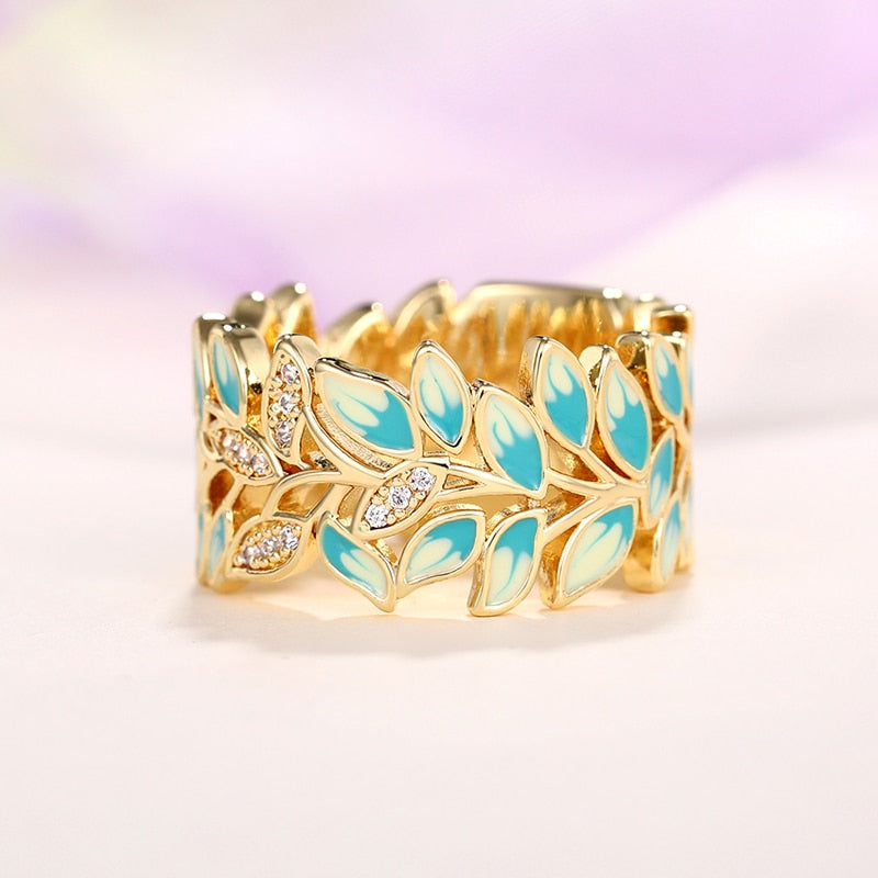 Unique Design Gradient Enamel Leaf Rings