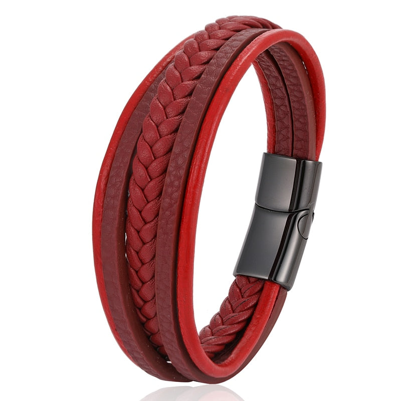 Red Braided Leather Men Bracelet