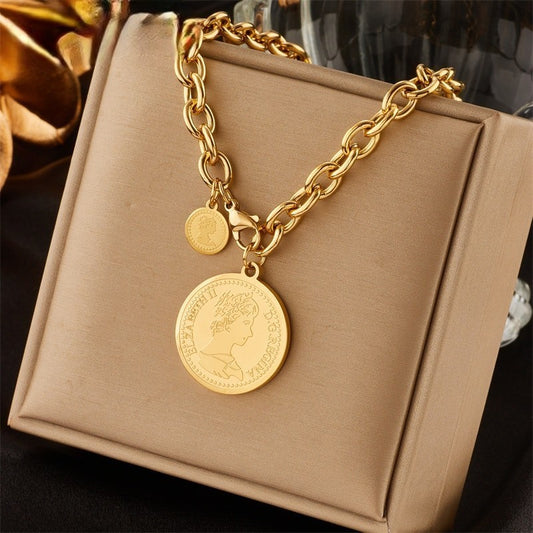 Stainless Steel Gold Color Round Portrait Coin Necklace