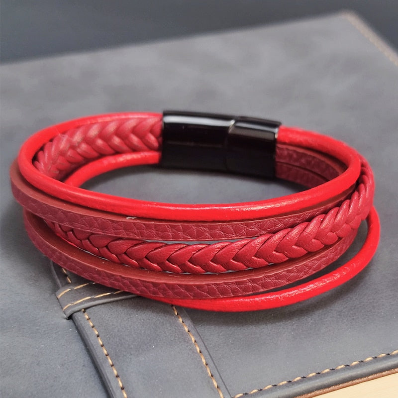 Red Braided Leather Men Bracelet