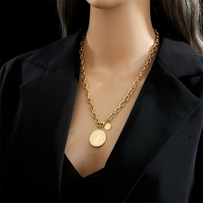 Stainless Steel Gold Color Round Portrait Coin Necklace