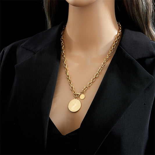 Stainless Steel Gold Color Round Portrait Coin Necklace