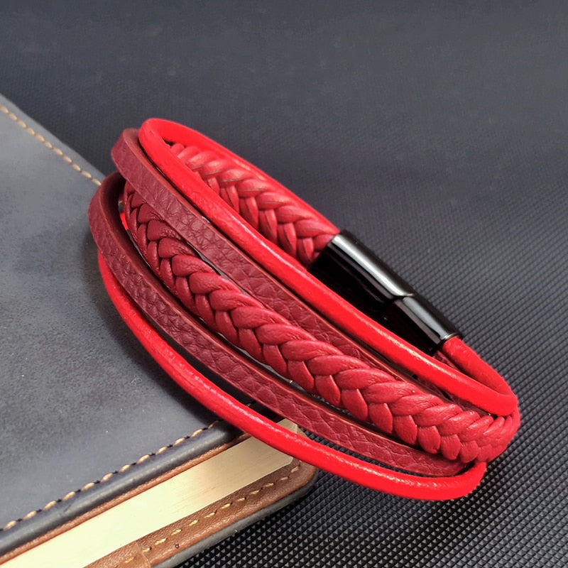 Red Braided Leather Men Bracelet