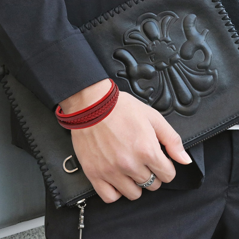 Red Braided Leather Men Bracelet