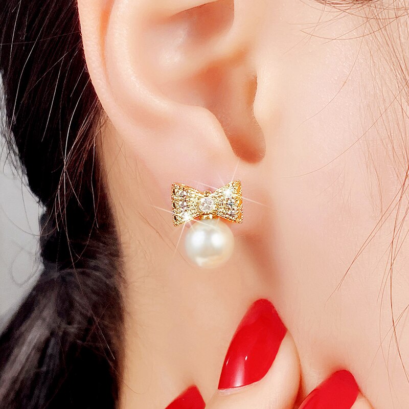 Stud Earrings Bow Shape with Simulated Pearl