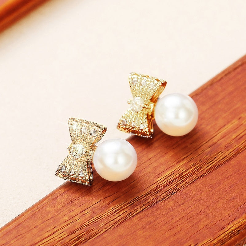 Stud Earrings Bow Shape with Simulated Pearl