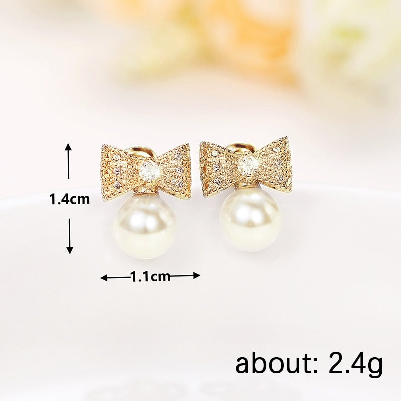 Stud Earrings Bow Shape with Simulated Pearl